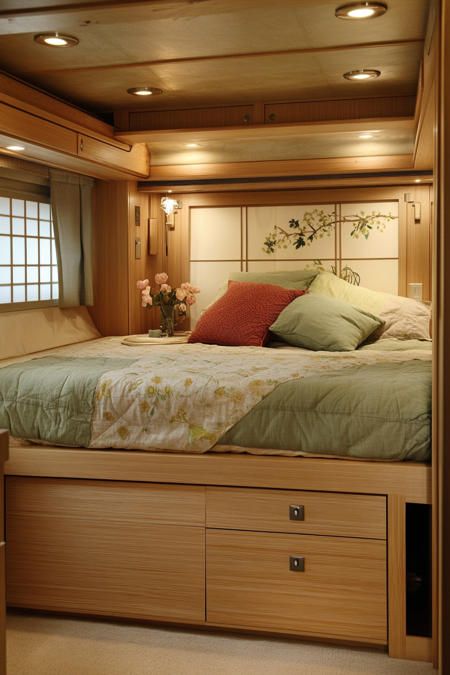 Zen-style RV bedroom. Platform bed with integrated storage, paired with neutral rice paper screens.