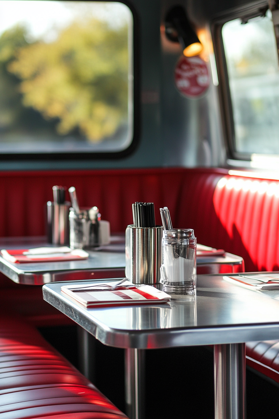 Dining nook in a vintage Airstream. Chrome table with red vinyl booth seating.