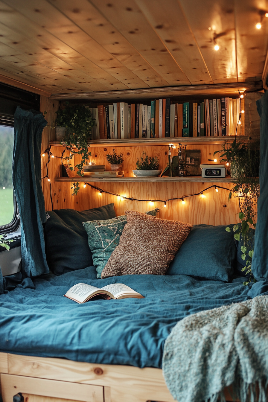 Eco-Friendly Van Reading Corner. Wooden bookcase, recycled blue cushions, copper fairy lights.