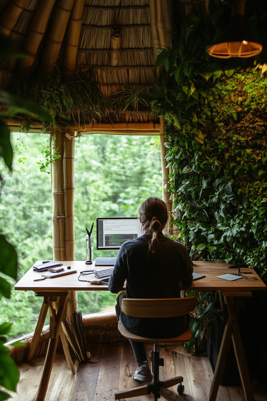 Biophilic workspace. Yurt with bamboo desk, living wall and woodland window outlook.