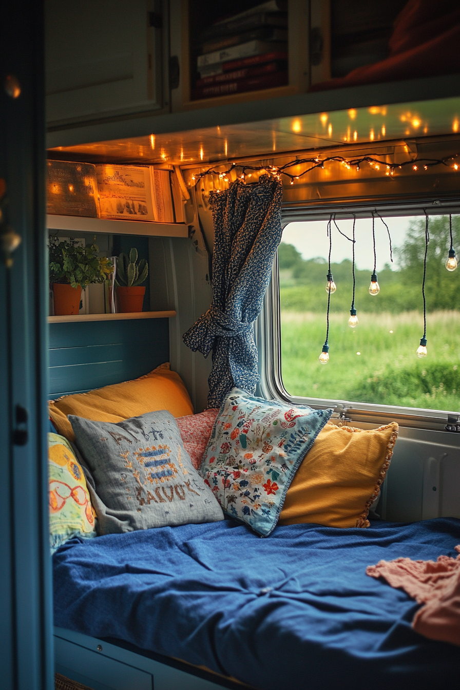 Eco-friendly van reading corner. Recycled cotton denim cushions with hanging solar garden fairy lights.