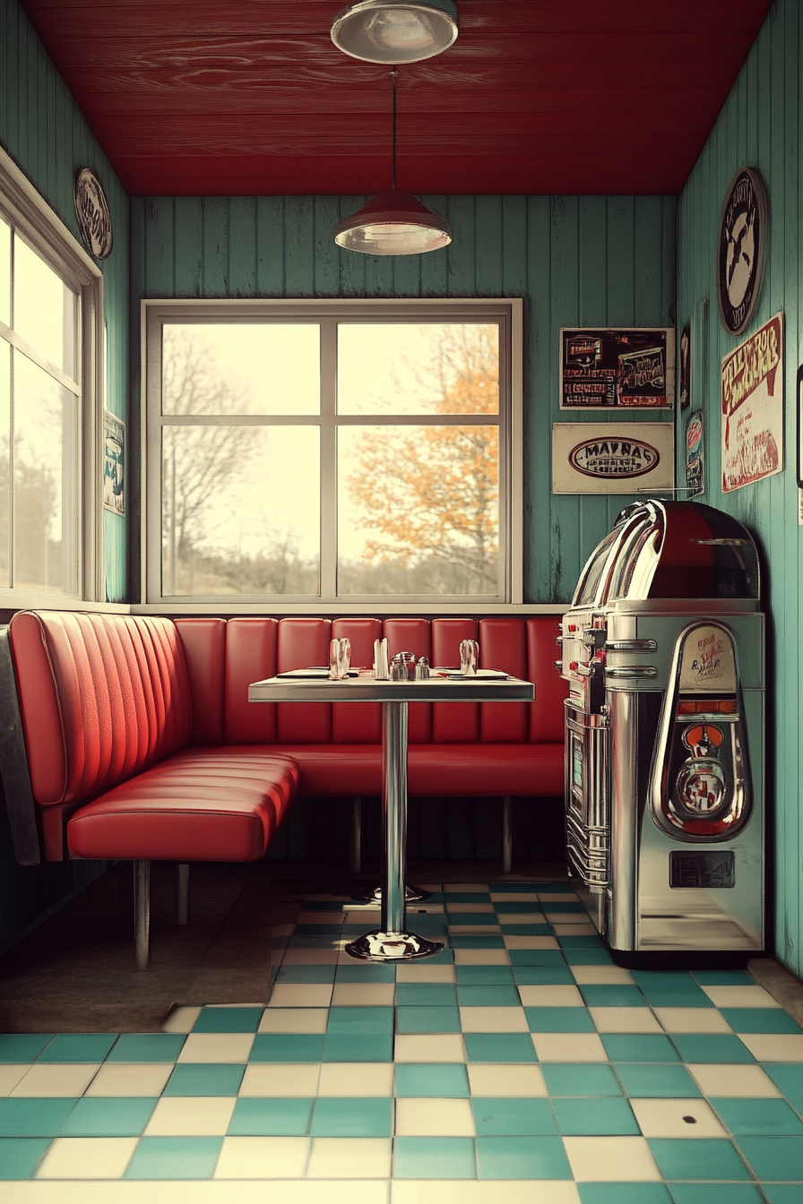 Retro dining space. Red leather seats, turquoise checkerboard floor, chrome jukebox