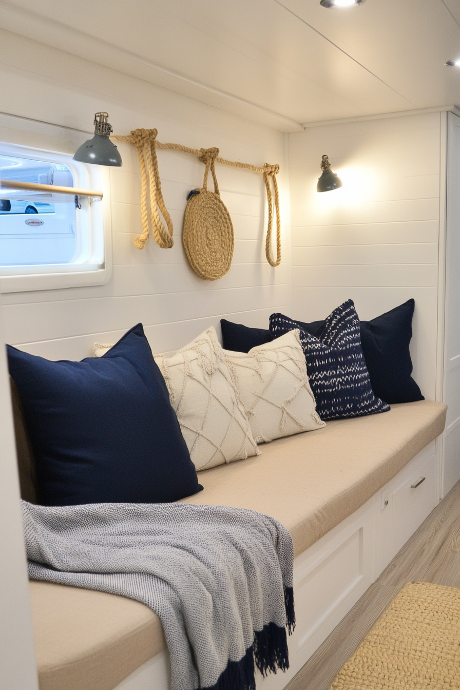 Camper living area. Whitewashed walls, rope details, navy cushions on beige sofa.