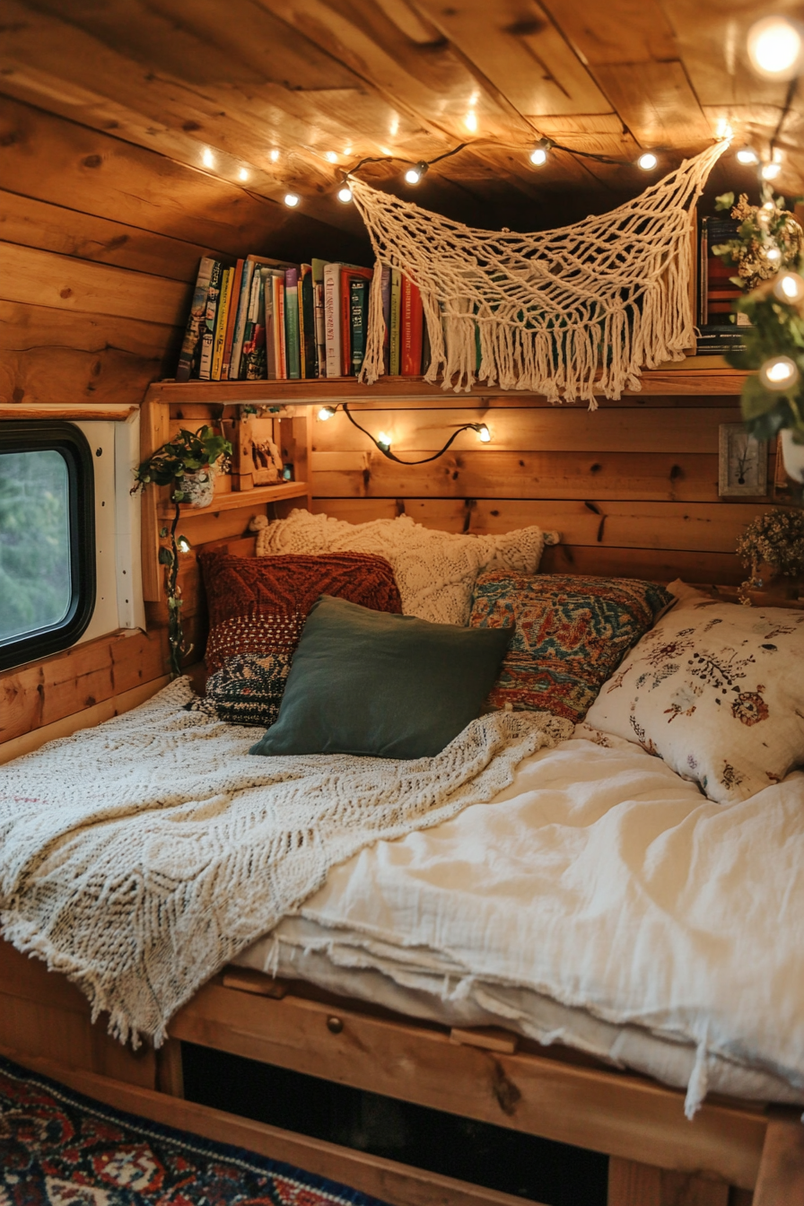 Eco-friendly van reading corner. Pallet bed with twinkle lights and vintage macrame hanging book net.