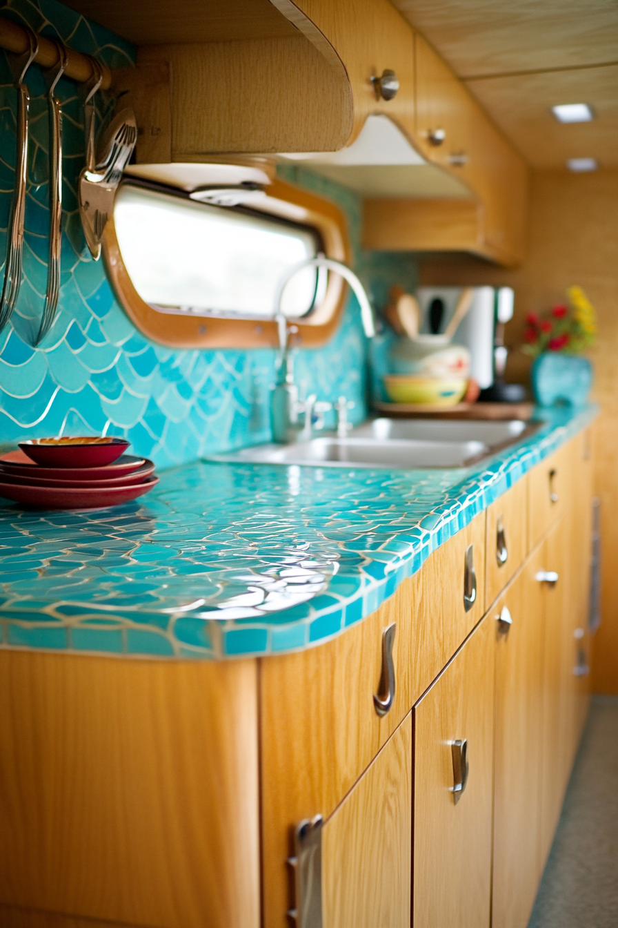 Retro surf van kitchen. Turquoise countertops, tall oakwood cupboards, tiled waves.