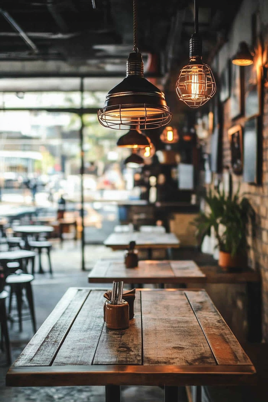 table and retro light fixtures.