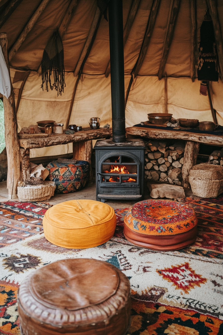 Rustic-style yurt living space. Wooden stove surrounded by hand knotted tribal rugs and worn leather poufs.