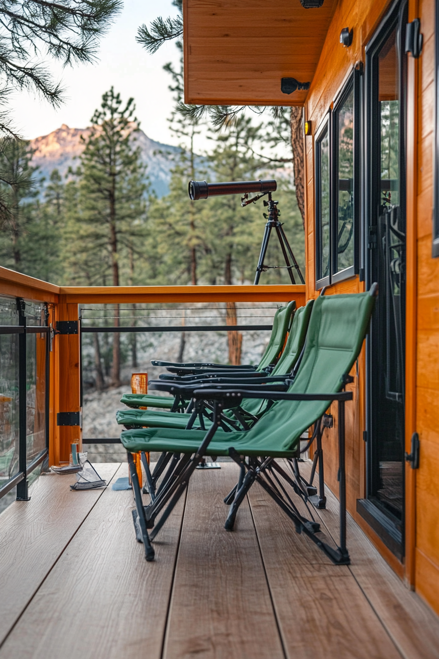 Alpine tiny house deck. Fold-down railings, cherry wood telescope mount, green camping chairs.