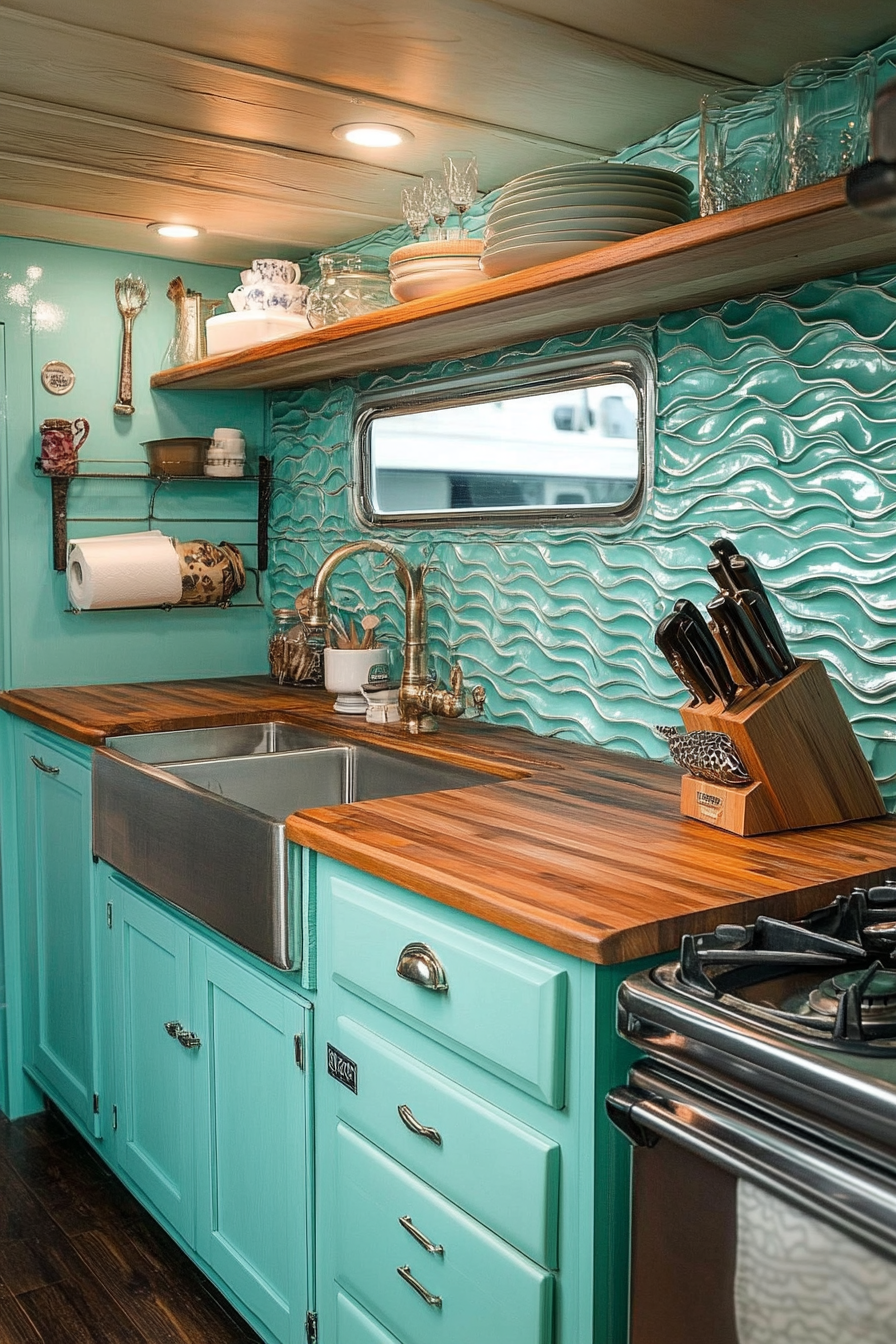 Kitchen design. Retro Surf Van, aqua cabinets, wave pattern tin tiles, solid wood countertops.