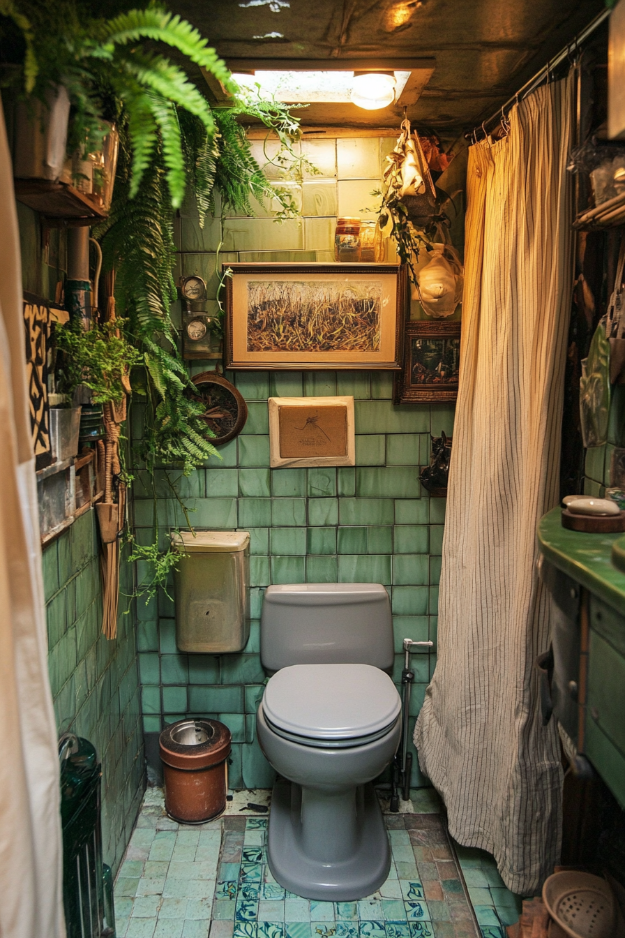 Tiny bathroom. Grey composting toilet, bamboo shower curtain, green tile, hanging fern.