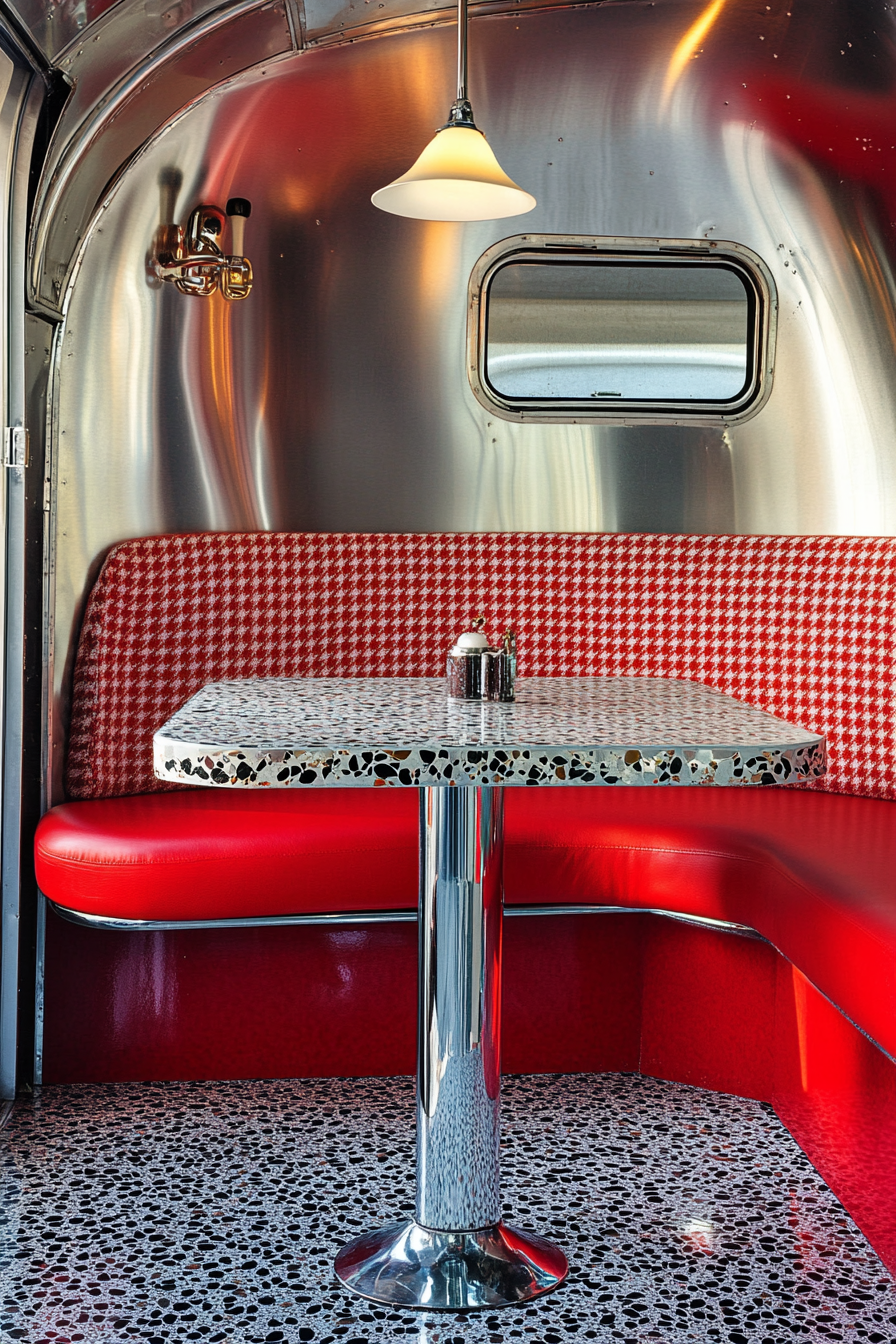 Vintage airstream dining nook. Cherry red booth with houndstooth pattern, chrome trim and terrazzo table.