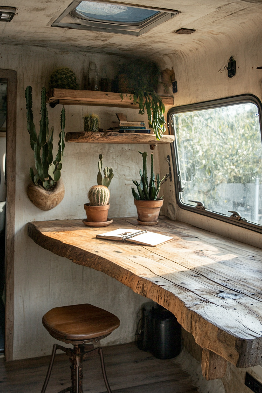 Sustainable Sprinter Van Office Space. Suspended recycled-wood desk with cactus, near small window.