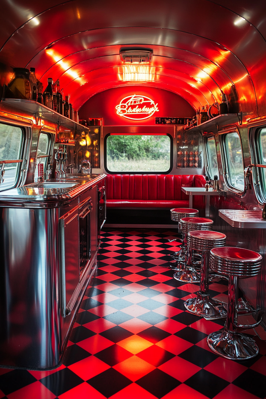 Retro-style camper dining space. Red checkerboard floor, neon burger sign, and chrome bar stools.