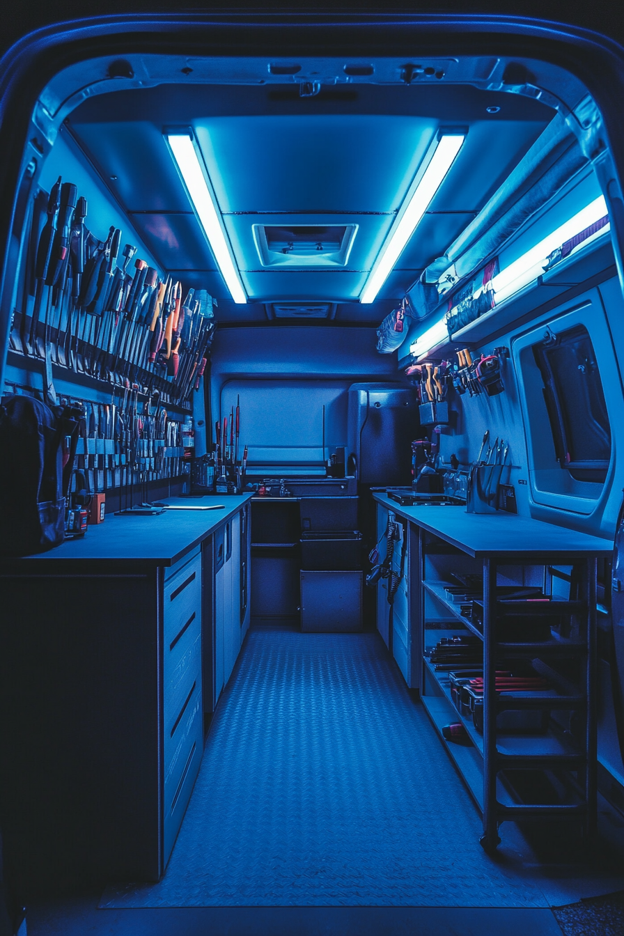 Adventure-Ready Van Workshop with overhead blue ambient lighting for tool visibility.