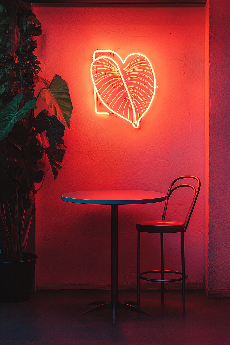 table, and neon sign.