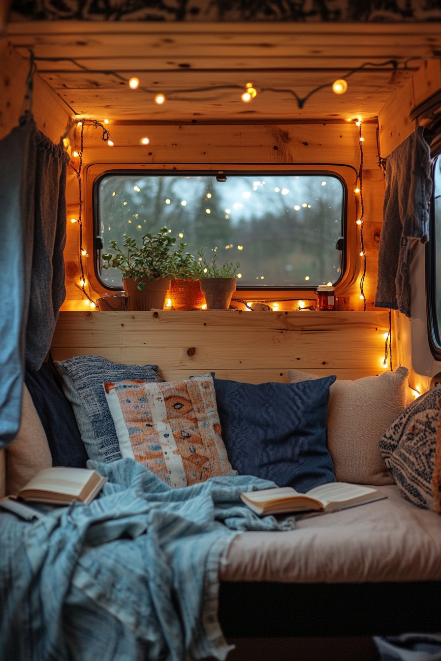 Eco-friendly van reading corner. Timber storage, recycled denim cushions, strung cool-toned reflecting fairy lights.