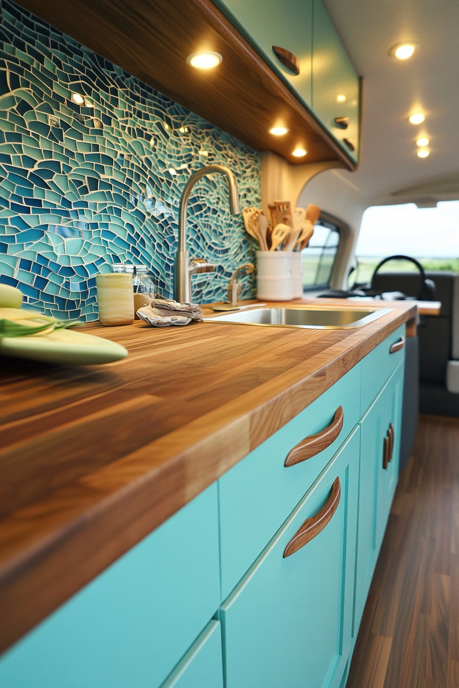 Retro surf van kitchen. Aqua cabinets, walnut butchers block counter, blue wave mosaic backsplash.