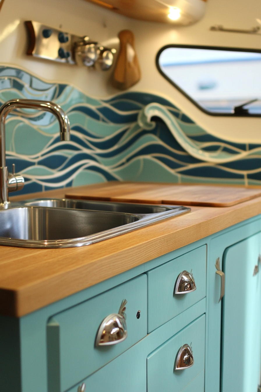 Retro surf van kitchen. Aqua cabinets, wood counters, wave-patterned tile backsplash.