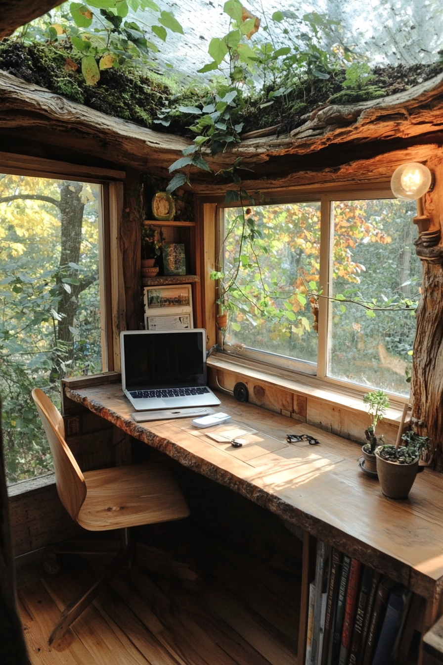 Van workspace. uncovered sliding window, birch desk, bonsai-adorned living roof.