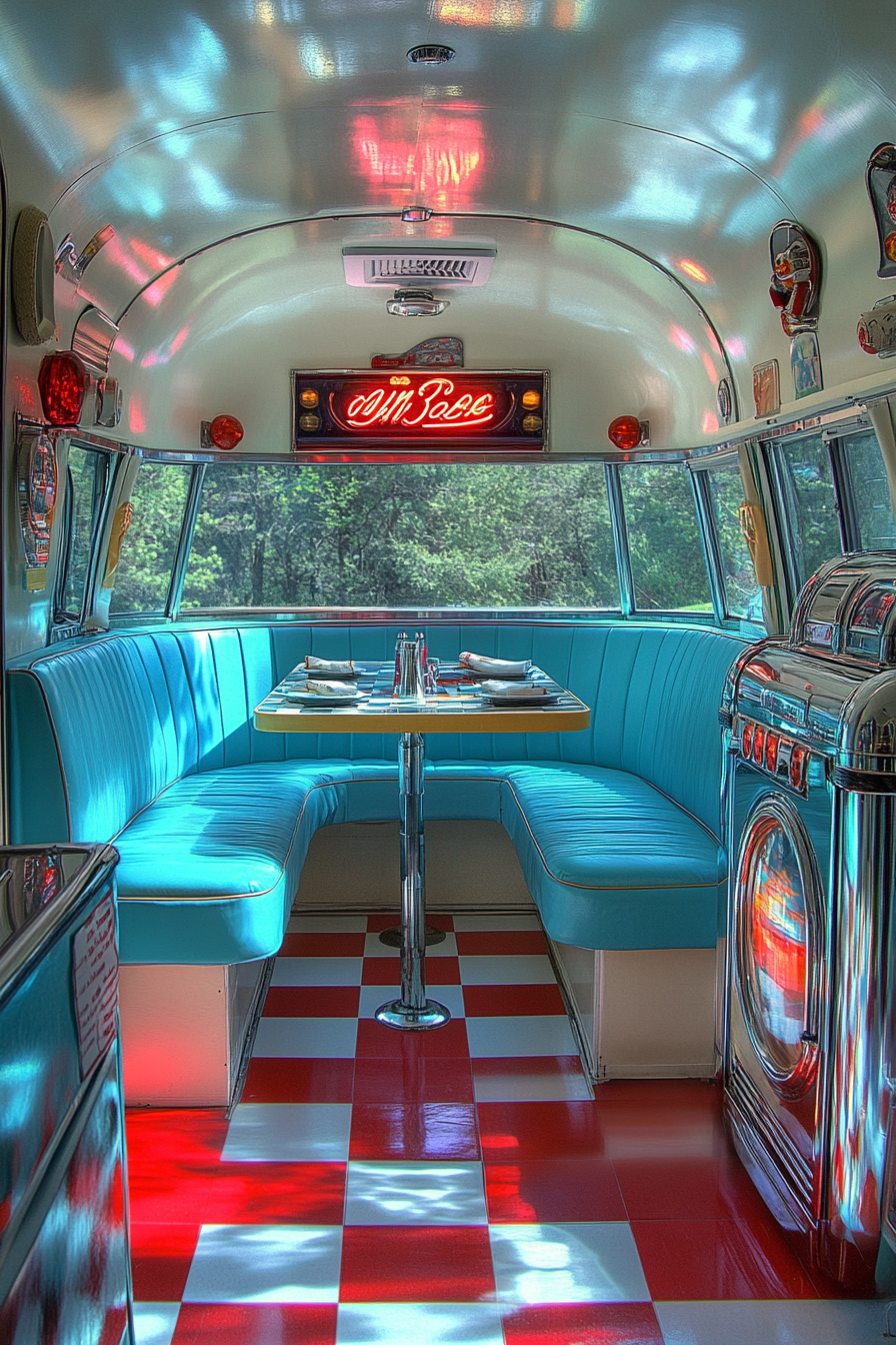 Retro-style camper dining space. Turquoise booth, checkerboard floor, neon soda sign, chrome jukebox.