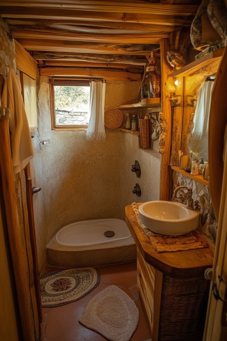 Tiny bathroom. quartz shower, composting toilet, bamboo vanity.