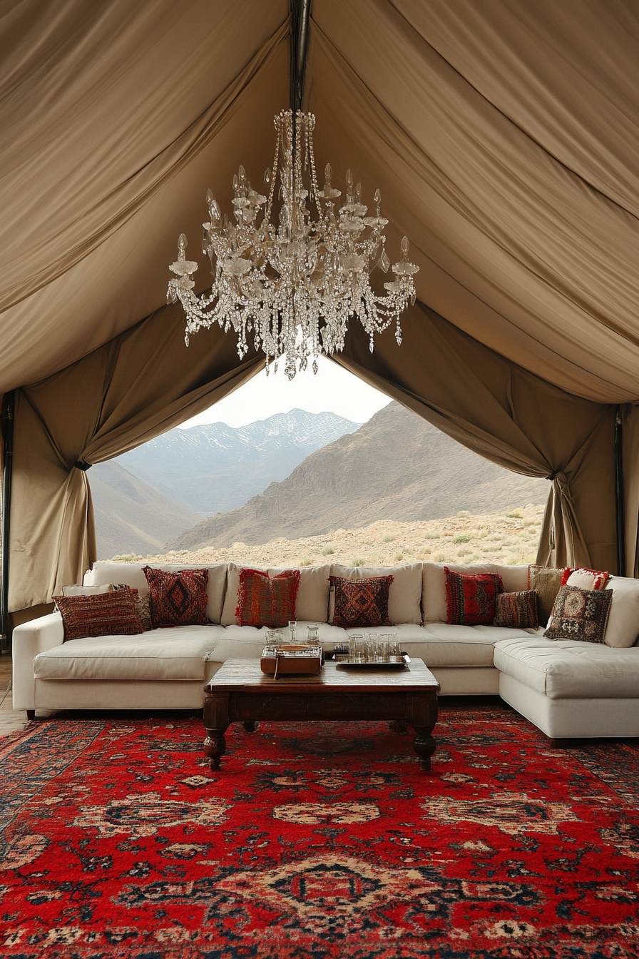 Glamping tent suite. Canvas walls with vivid red persian rugs and a glorious crystal chandelier.