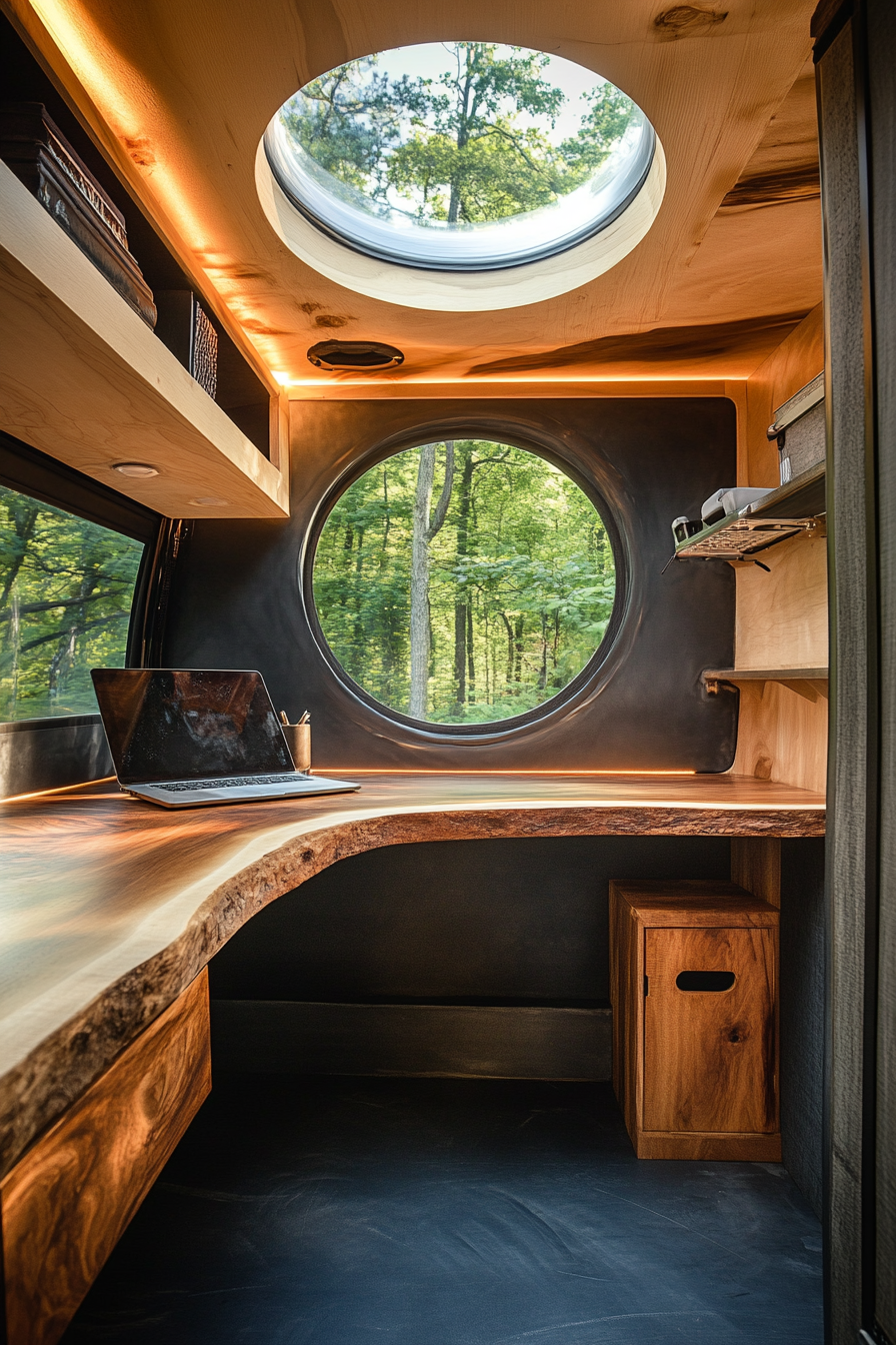 Sustainable Sprinter Van Office Space. Recycled wooden desk underneath a round skylight.