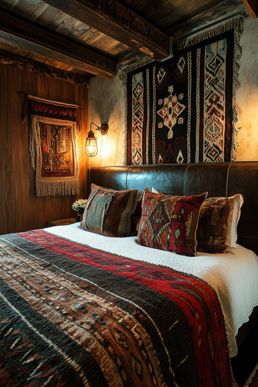 Van bedroom. Warm navajo textiles, leather headboard, intricately woven dreamcatchers.