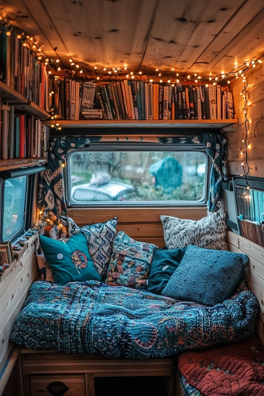 Eco-Friendly Reading Corner. Van interior, birch-wood bookshelf, reused indigo-knitted cushions, warm fairy lights array.