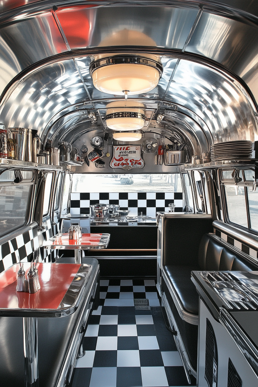 Retro-style camper dining space. Diners-out style diner with black and white checker culinary art details.