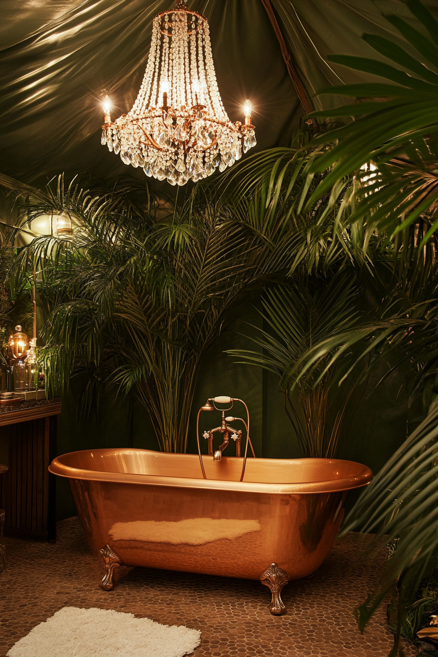 Luxury glamping bathroom. Copper freestanding tub under leafy indoor palm, crystal chandelier above.