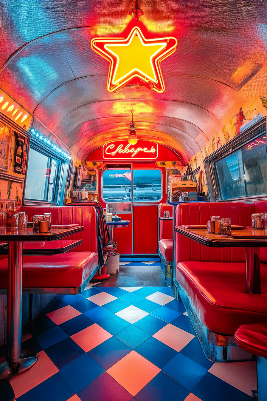 Retro-style camper dining space. Reds and yellow neon sign on blue checkerboard floor.