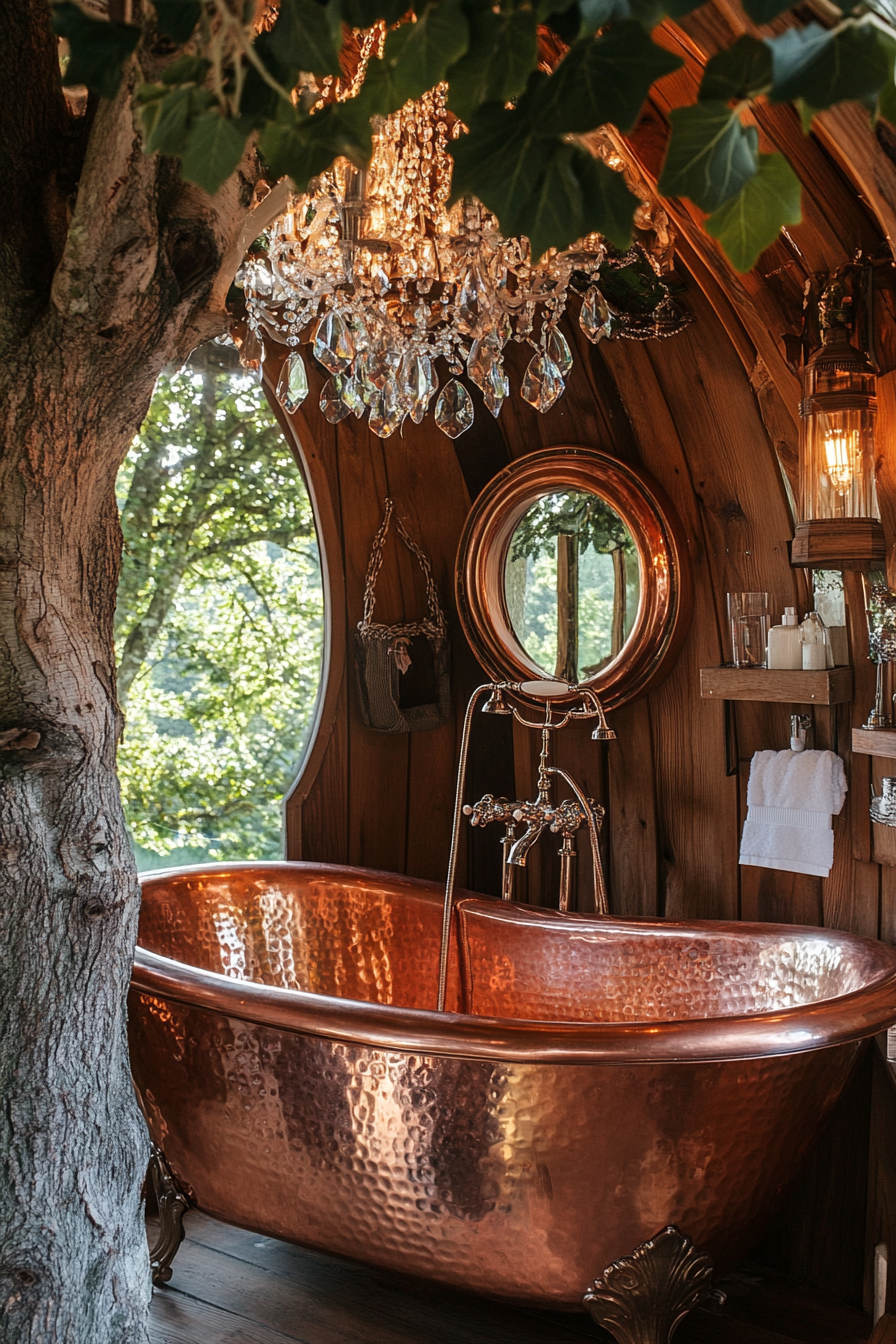 Luxury glamping bathroom. Copper tub with ornate tree and crystal chandelier setting.