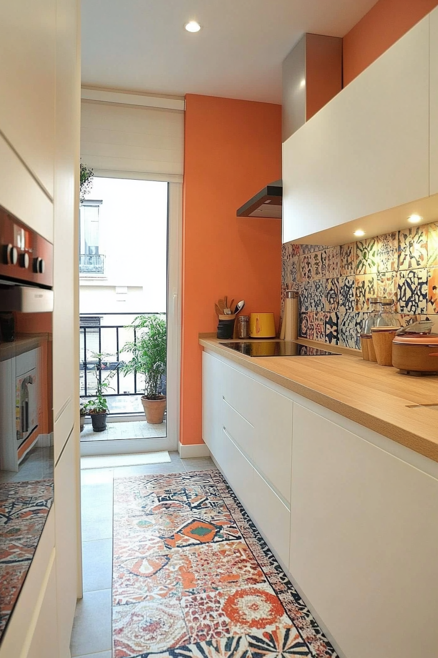 Modern tiny kitchen. Peach accent wall, bright patterned rug, sleek bamboo counters