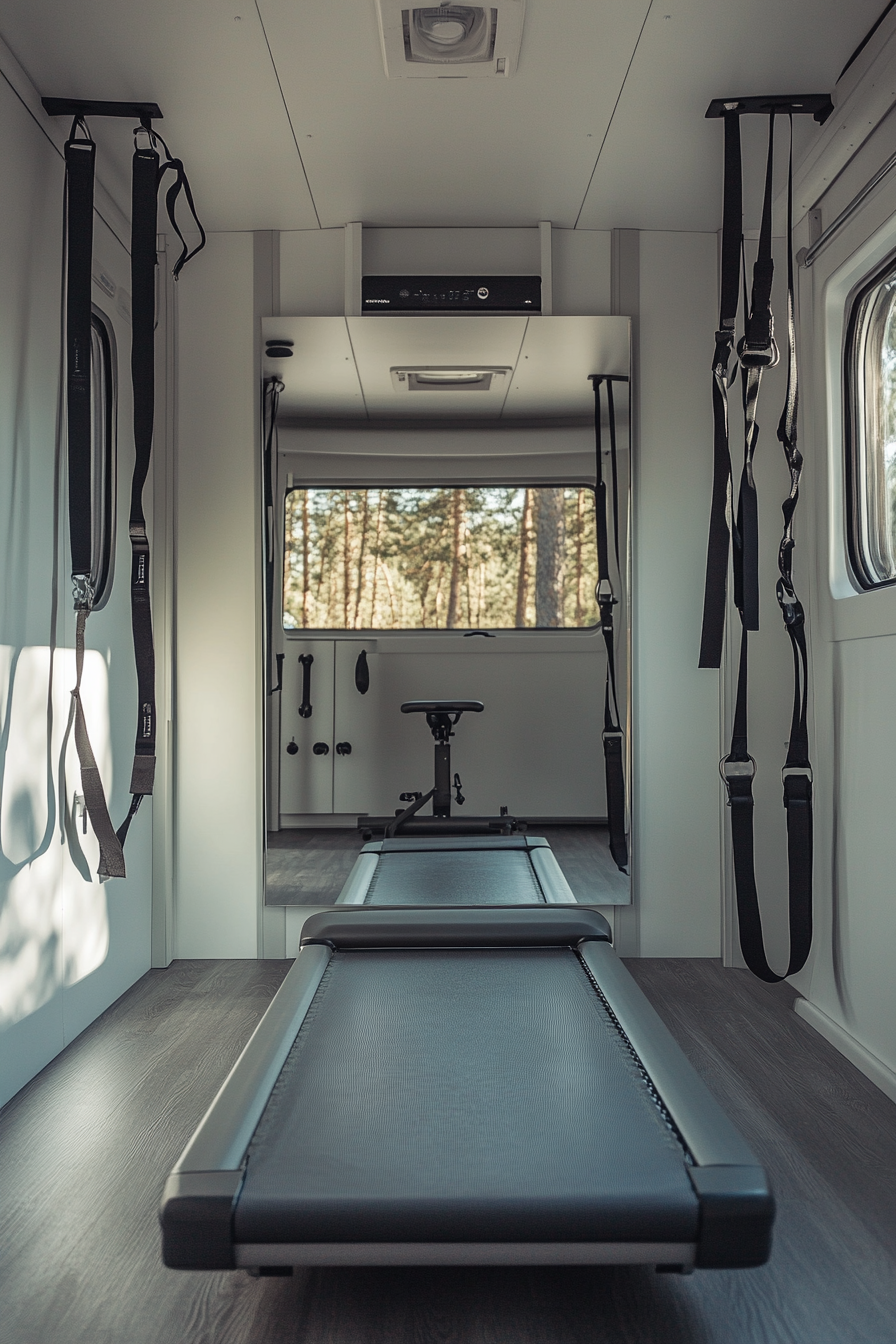 Minimalist camper exercise room. Grey resistance bands, foldable treadmill, mirrored wall.