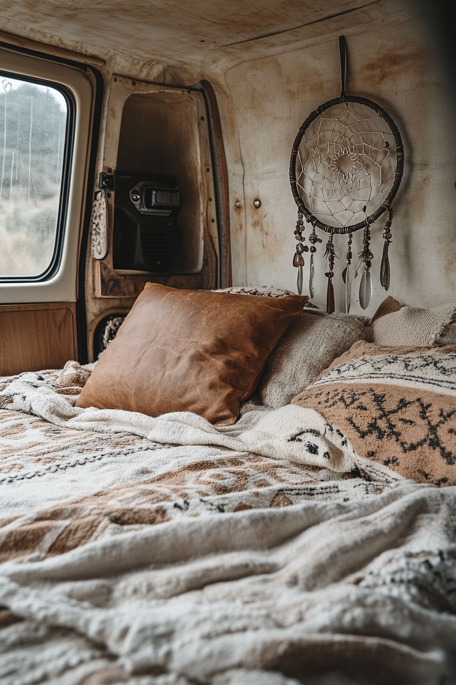 Desert-Bohemian van bedroom. Warm leather pillow, cream woolen Navajo rug, crystal adorned dreamcatcher.