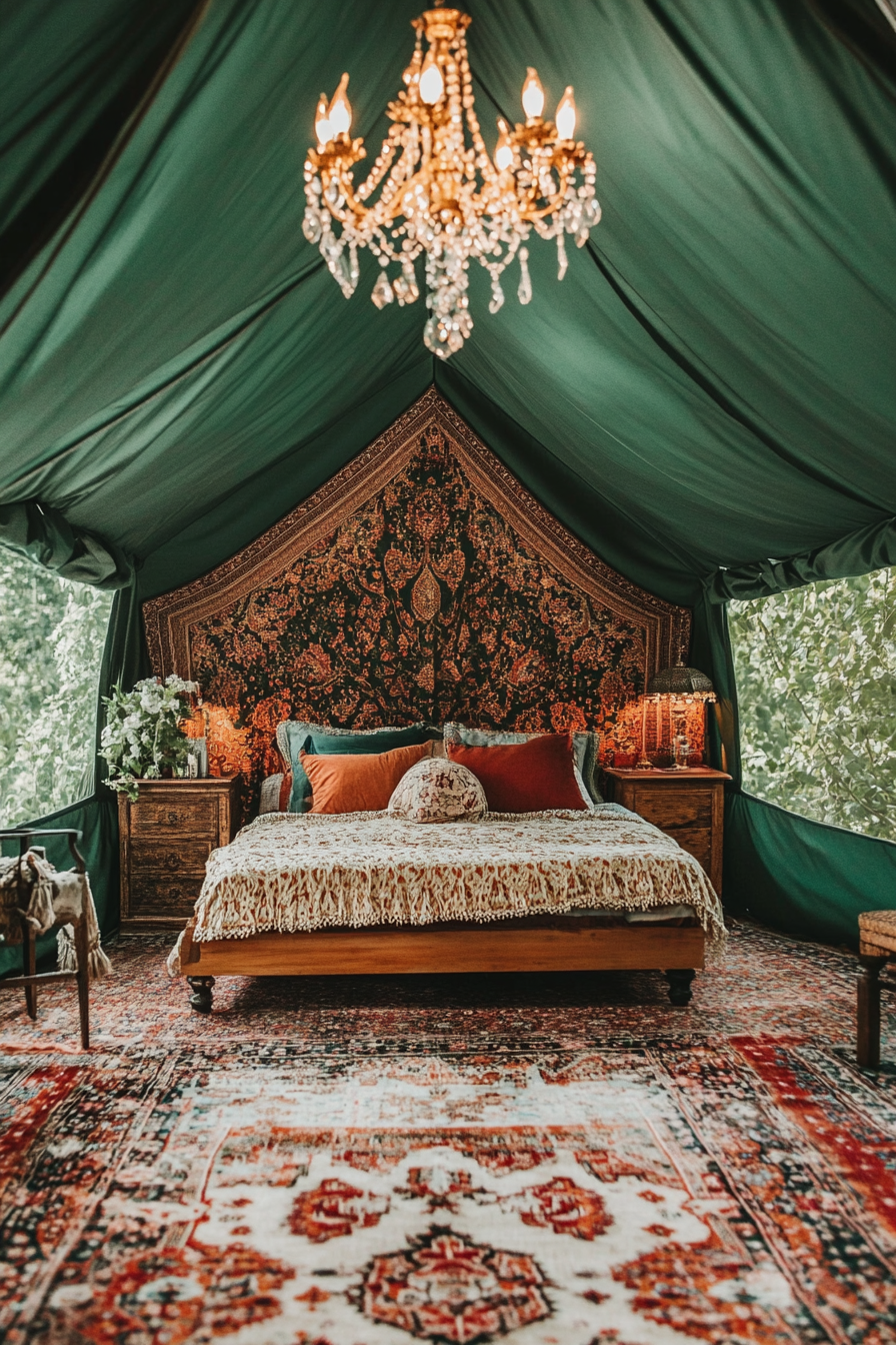 Luxury Glamping Tent Suite. Moss-green canvas, ornate Persian rugs, gold crystal chandelier.