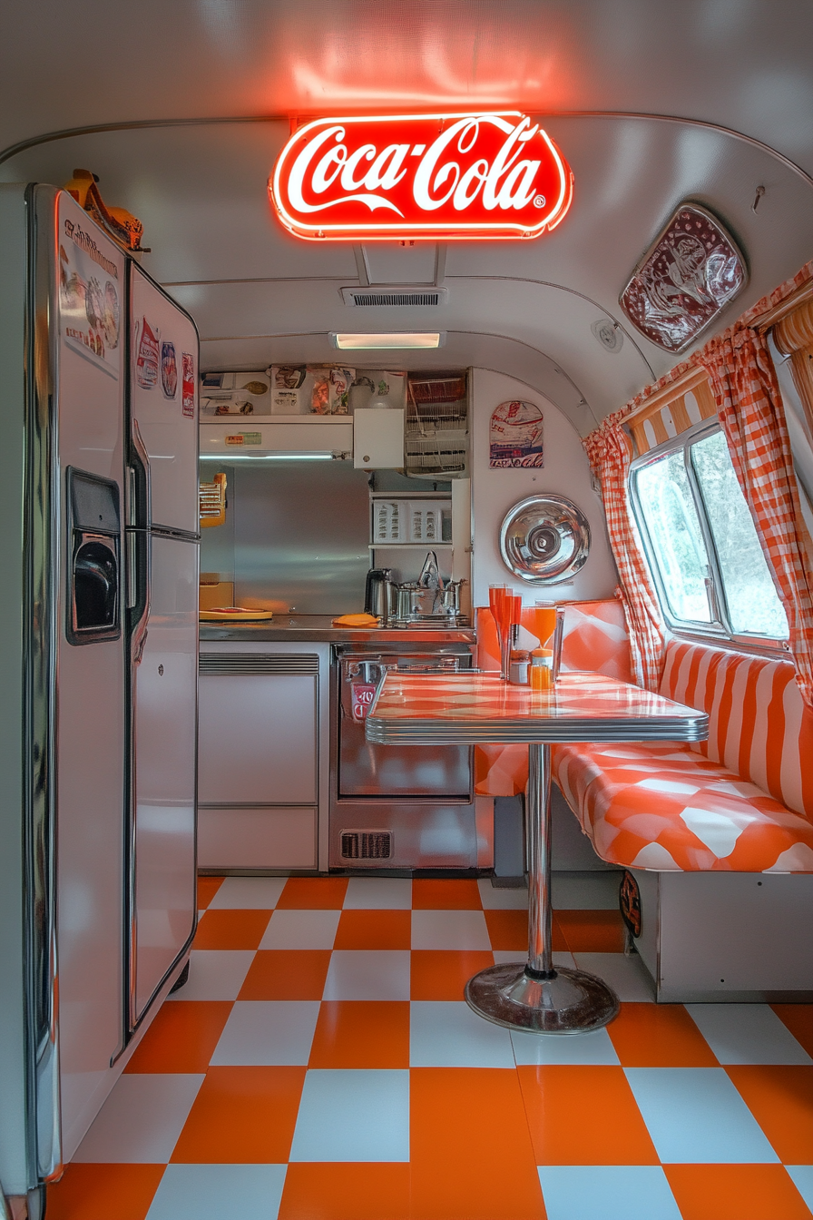 Retro-Style Camper dining space with orange checkered vinyl flooring and nostalgic Coca-Cola neon sign.