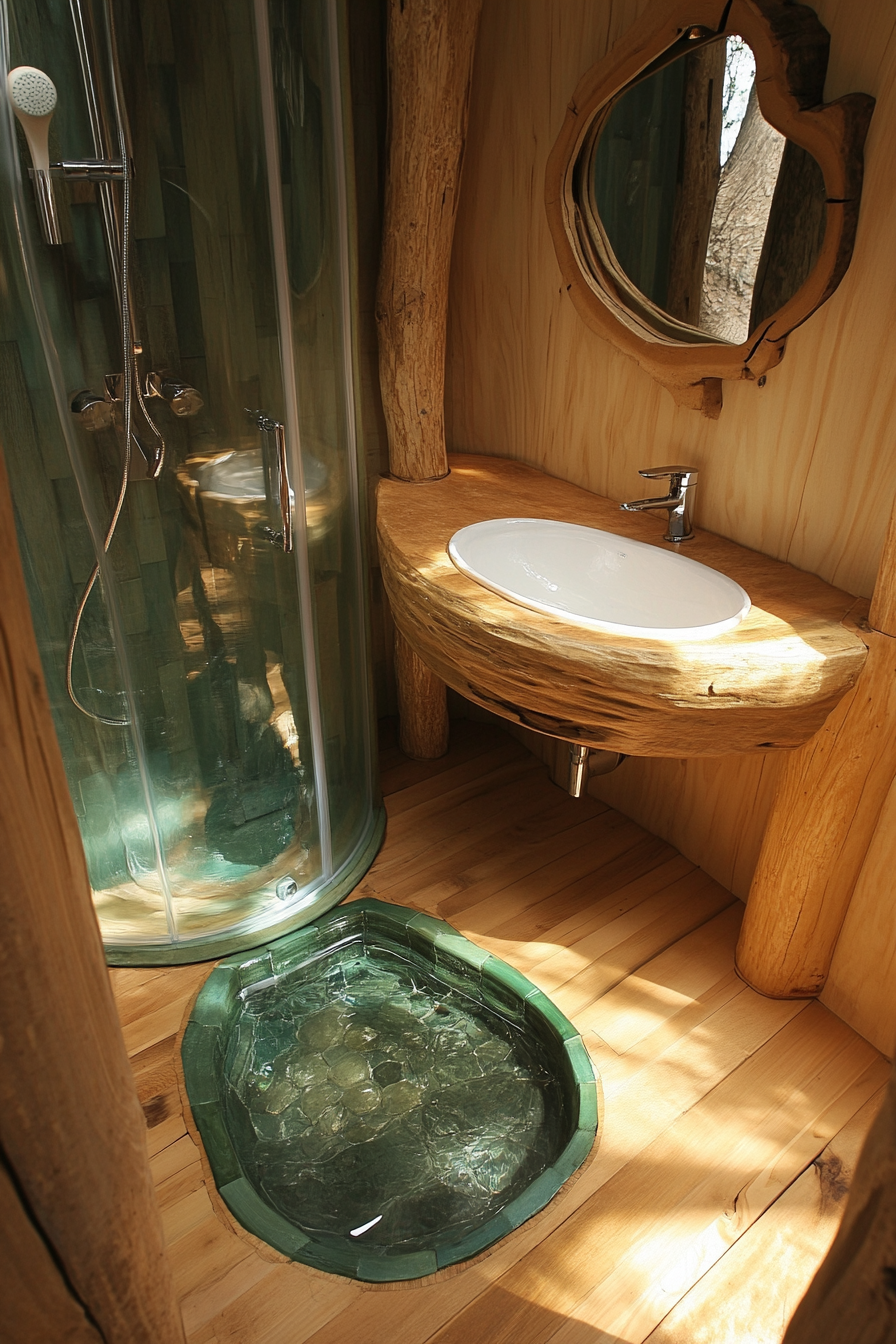 Sustainable tiny bathroom. Composting toilet, glass shower, bamboo vanity.