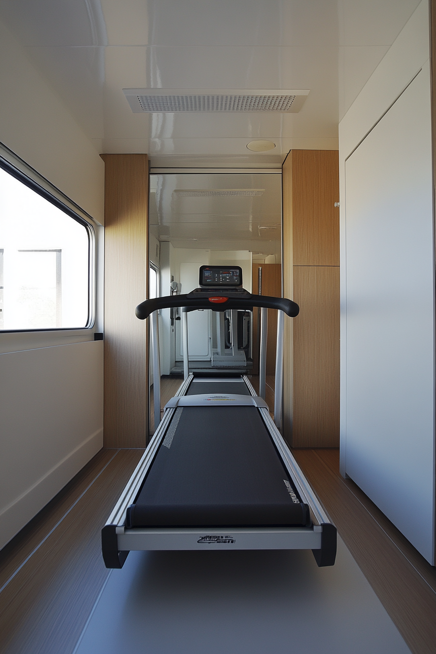 Exercise room in minimalist camper with foldable treadmill and reflective wall-length mirror.