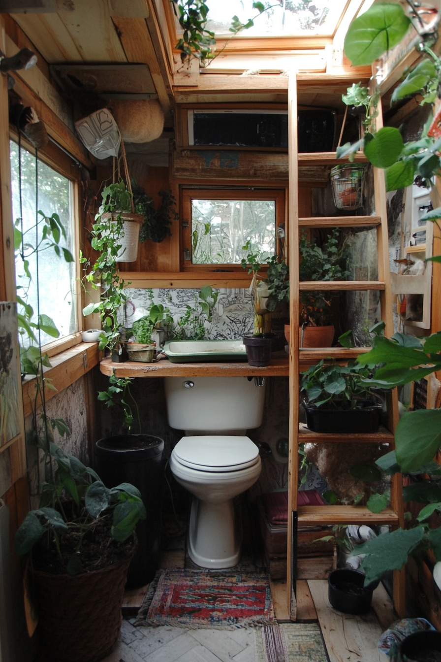 Sustainable tiny bathroom. Composting toilet beneath cherry wooden loft ladder.