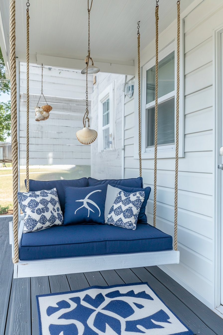 Tiny porch design. Hanging rope swing with navy blue cushions and shell wind chime.