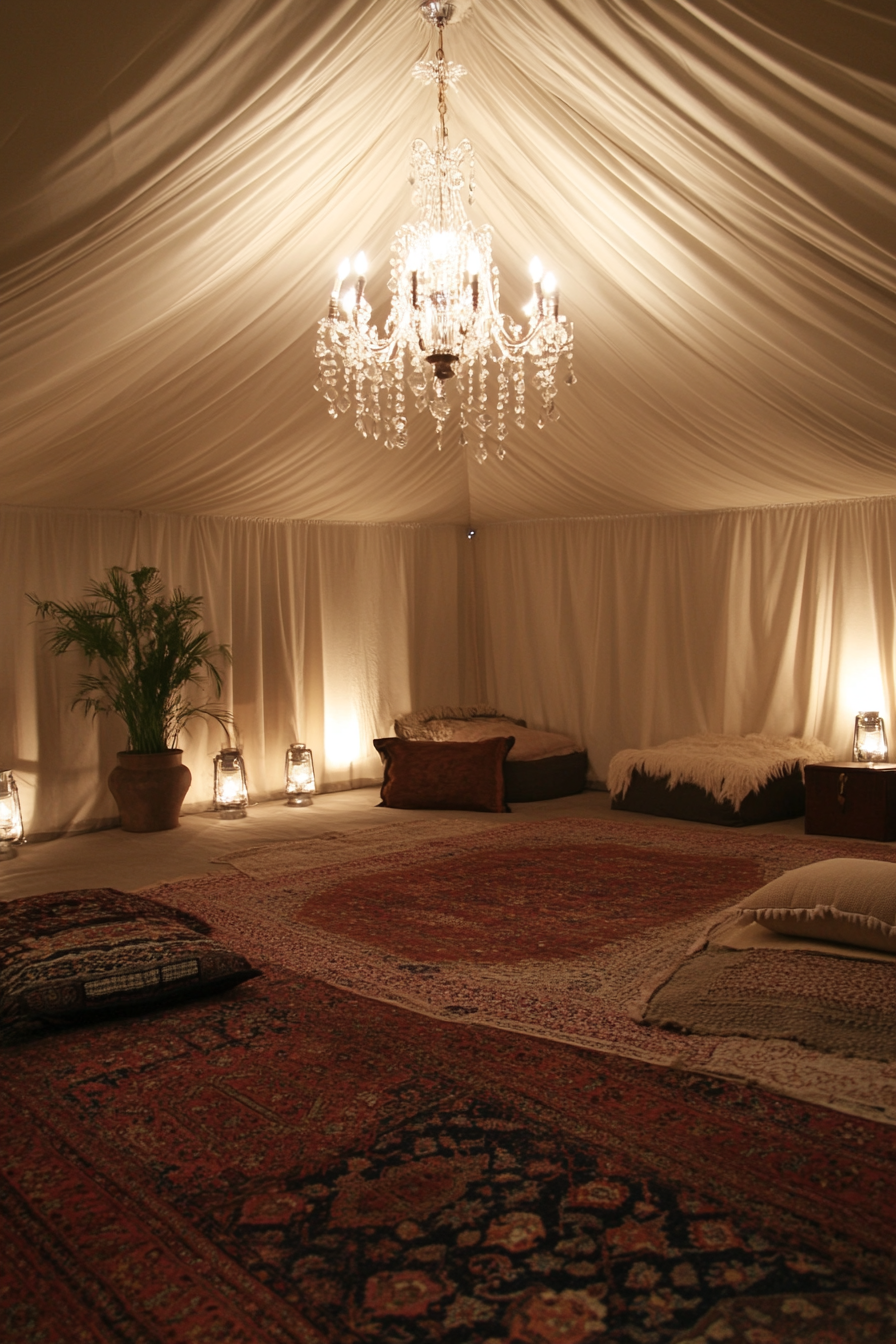 Glamping Tent Suite. Canvas walls, persian rugs, crystal chandelier.