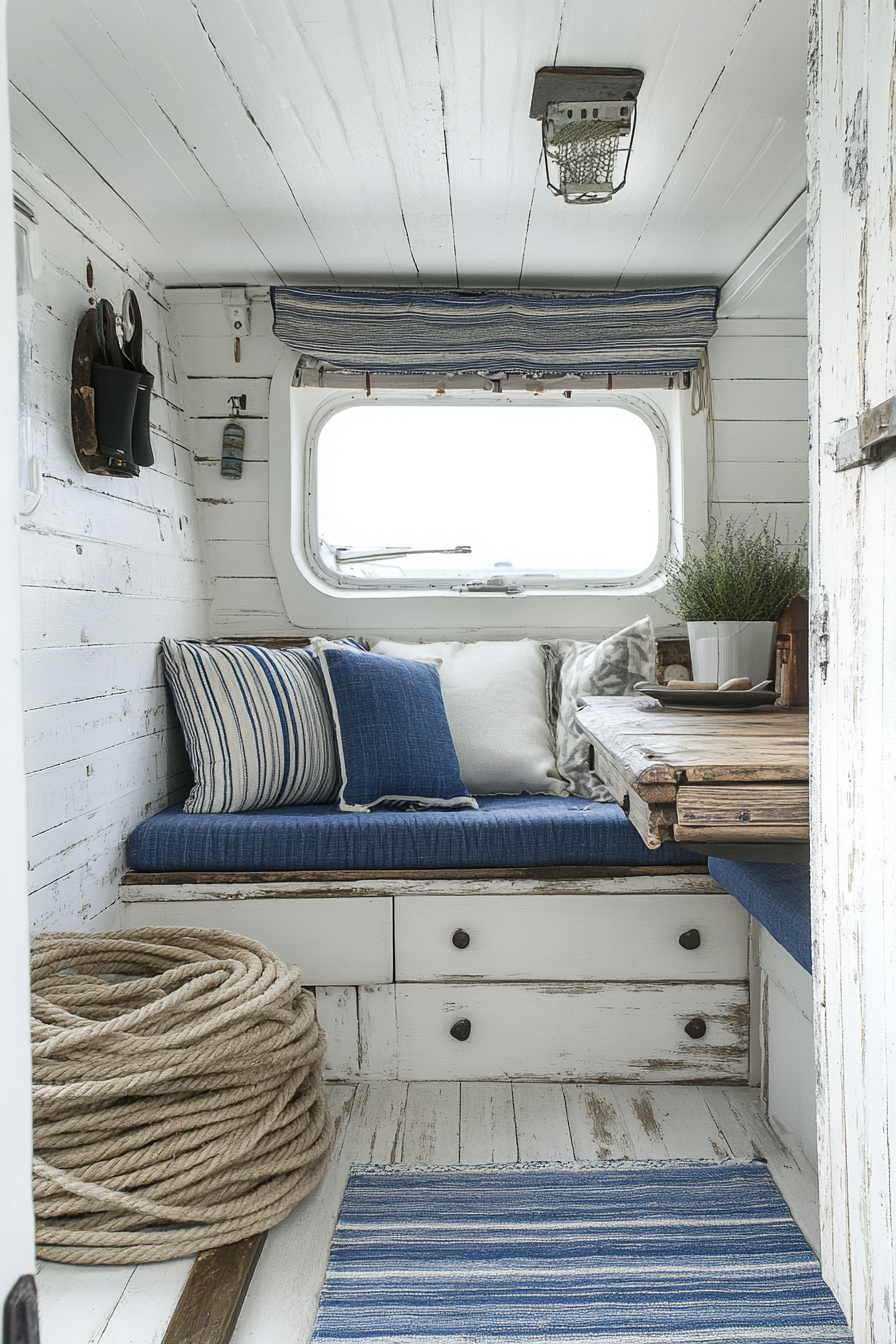 Camper living area. Whitewashed walls, weathered wood furniture, blue-striped cushion, coiled rope mat.