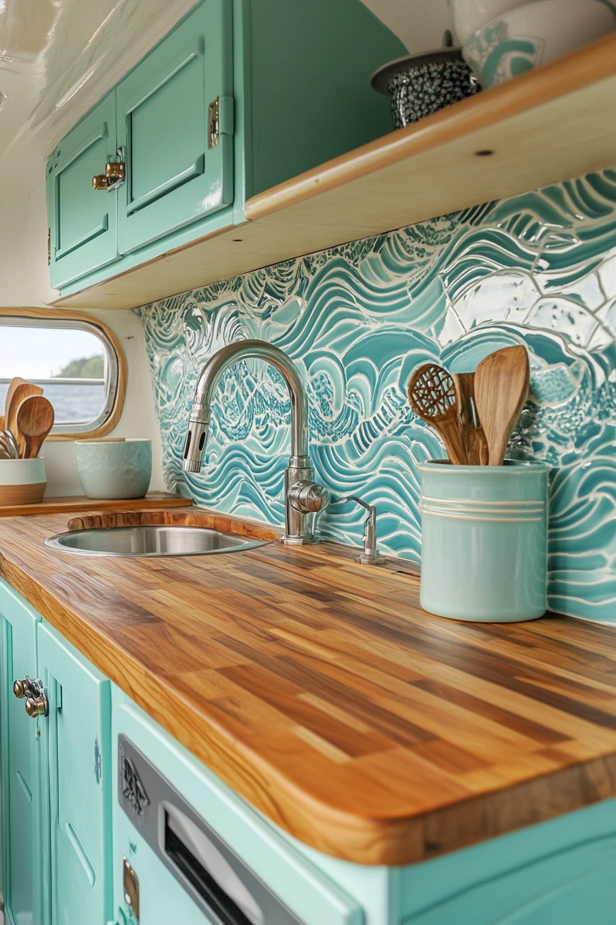 Retro Surf Van Kitchen. Aqua cabinets, wood counters, wave-patterned tile backsplash.