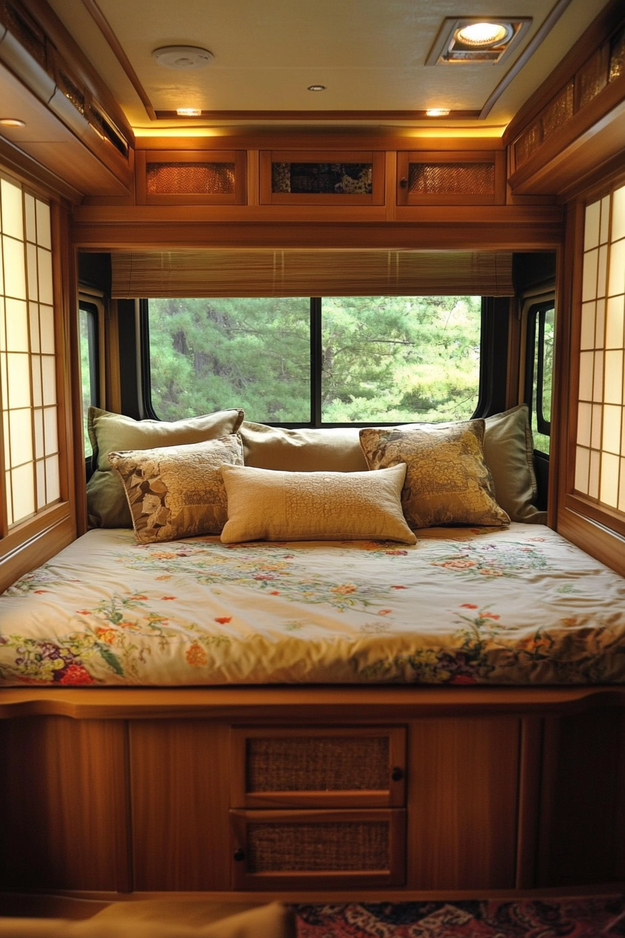 Zen-style RV bedroom. Platform bed with integrated hidden storage, flanked by rice paper screens.