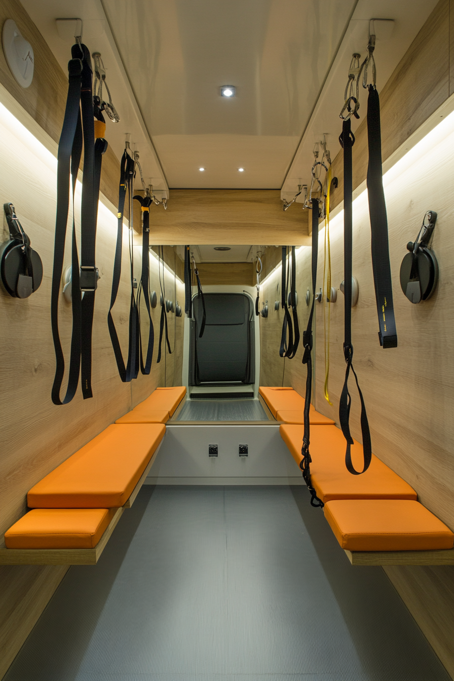 Exercise room in a minimalist camper. Mirror-lined walls with resistance bands and foldable equipment.