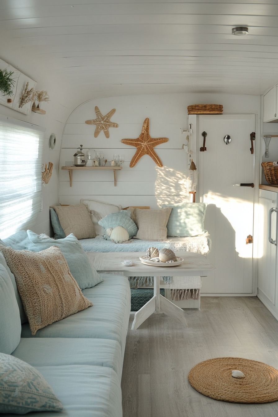 Camper living area. Whitewashed walls, rope decorations, seashell lamps, cotton blend sofas in light blue.