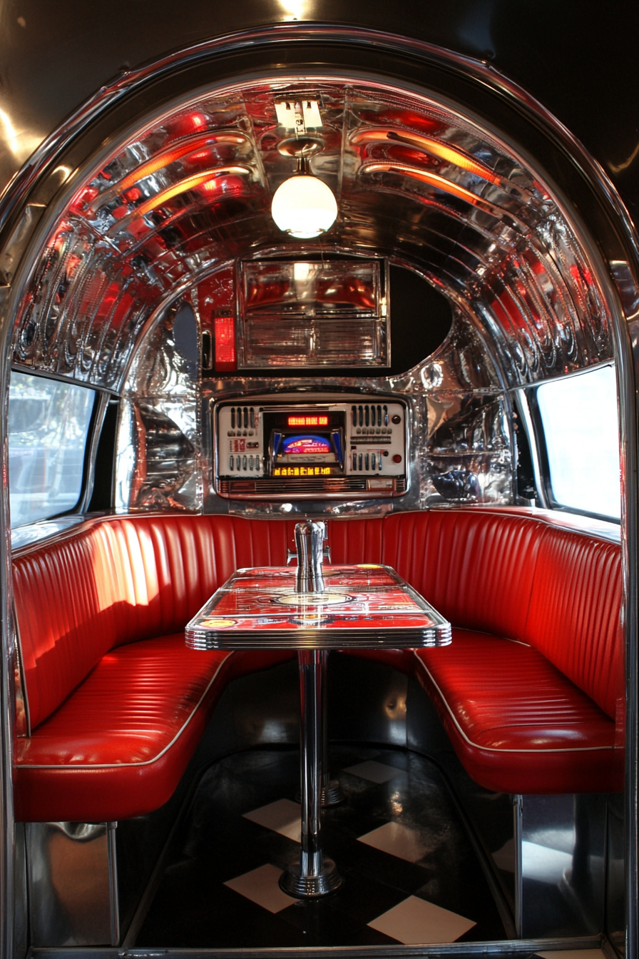 Dining nook. Chrome airstream, red vinyl seats, formica tabletop with jukebox.