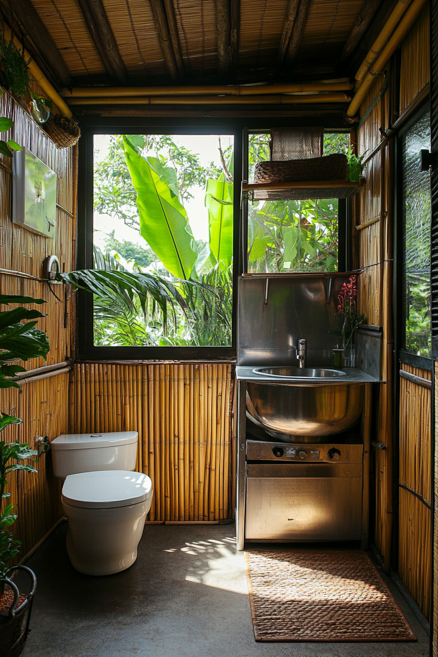 Sustainable tiny bathroom. Composting toilet, grey water mechanism, bamboo paneling, metal sink.